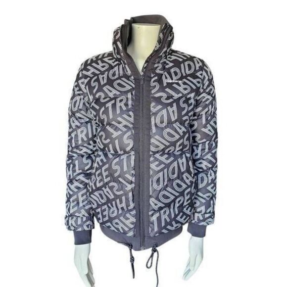 Adidas Neo Women’s M Grey Duck Down Puffer Jacket Coat Logo Print Hooded Warm - Picture 1 of 8
